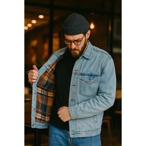 World Island Outdoors Men's Large Light Blue Flannel Lined Denim Shacket Jacket